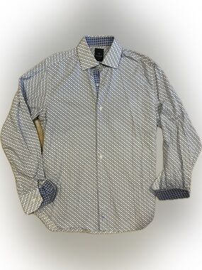 Tailorbyrd Collection Blue and White Geometric Button-Down Shirt